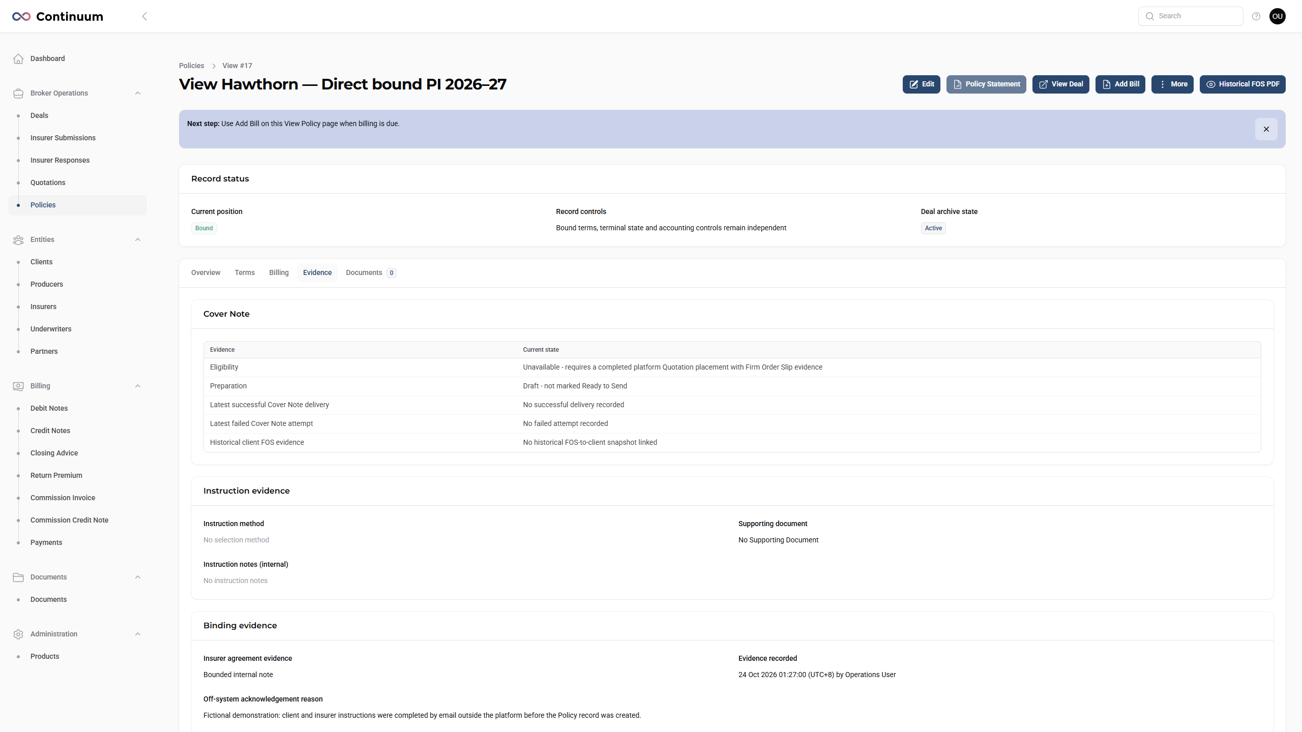 Direct Policy Evidence tab identifying the off-system binding and retained insurer confirmation