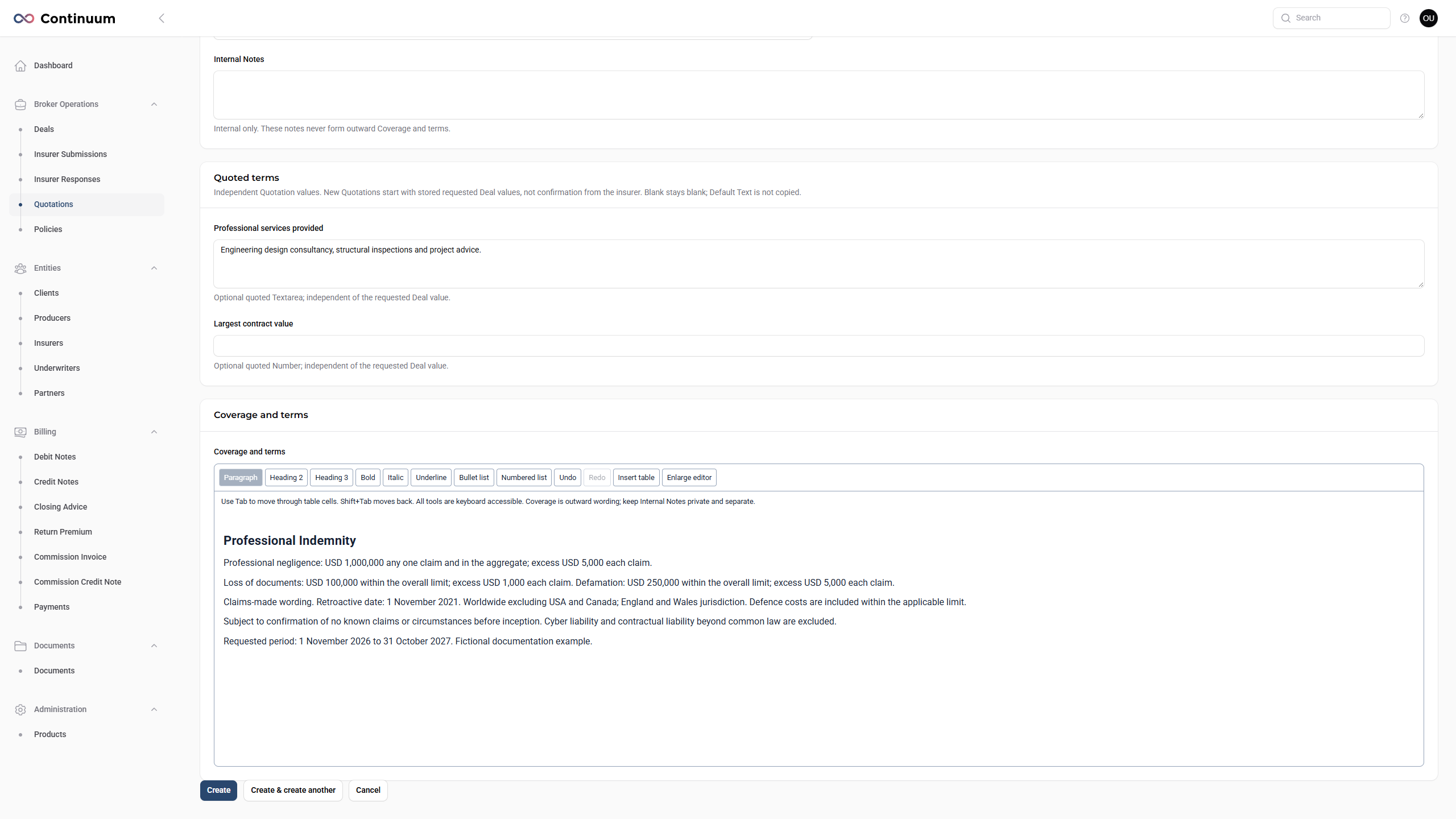 Manually entered outward coverage wording with limits, excesses, conditions and exclusions