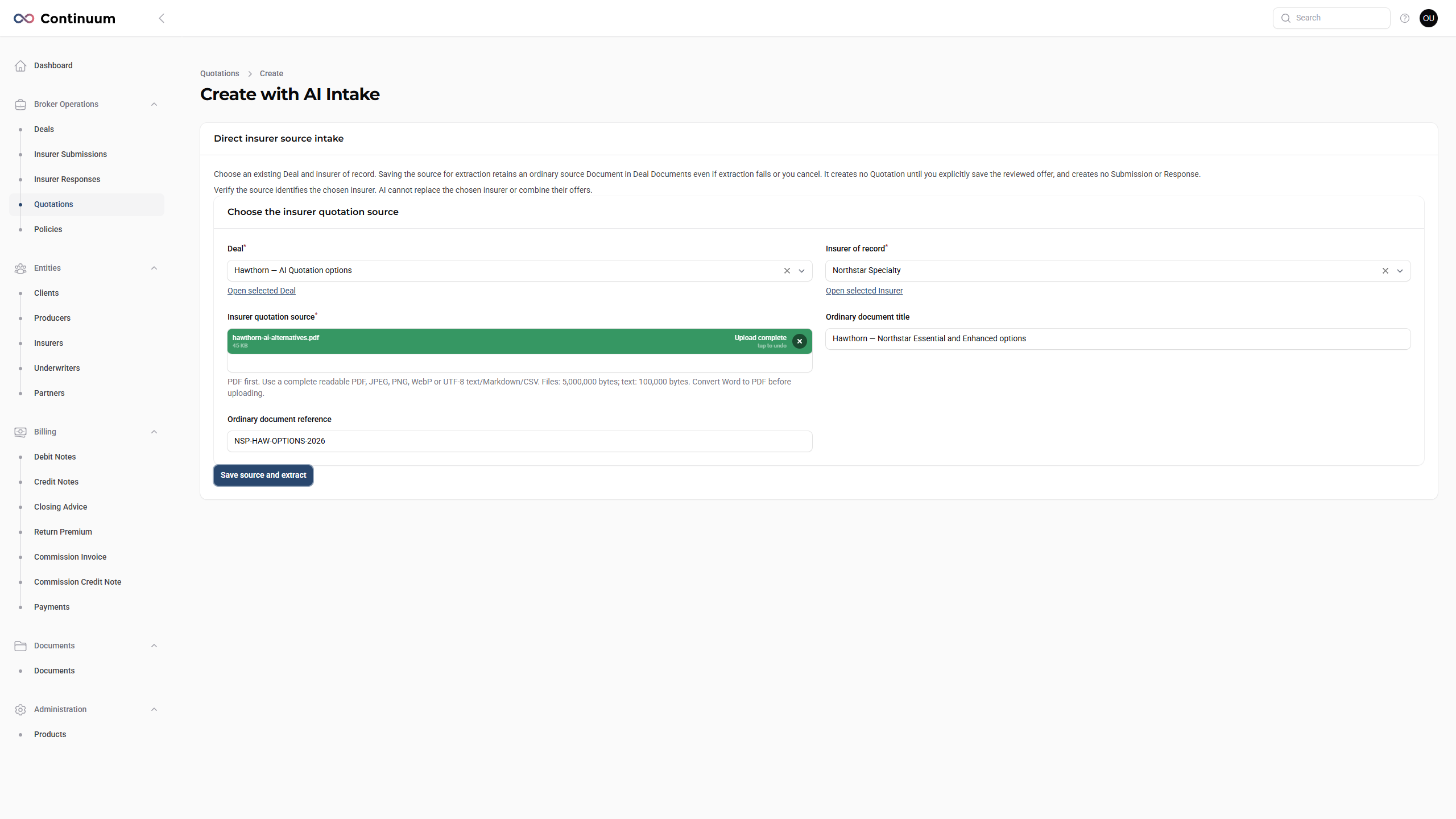 Direct AI intake form with a Deal, insurer of record and fictional source PDF